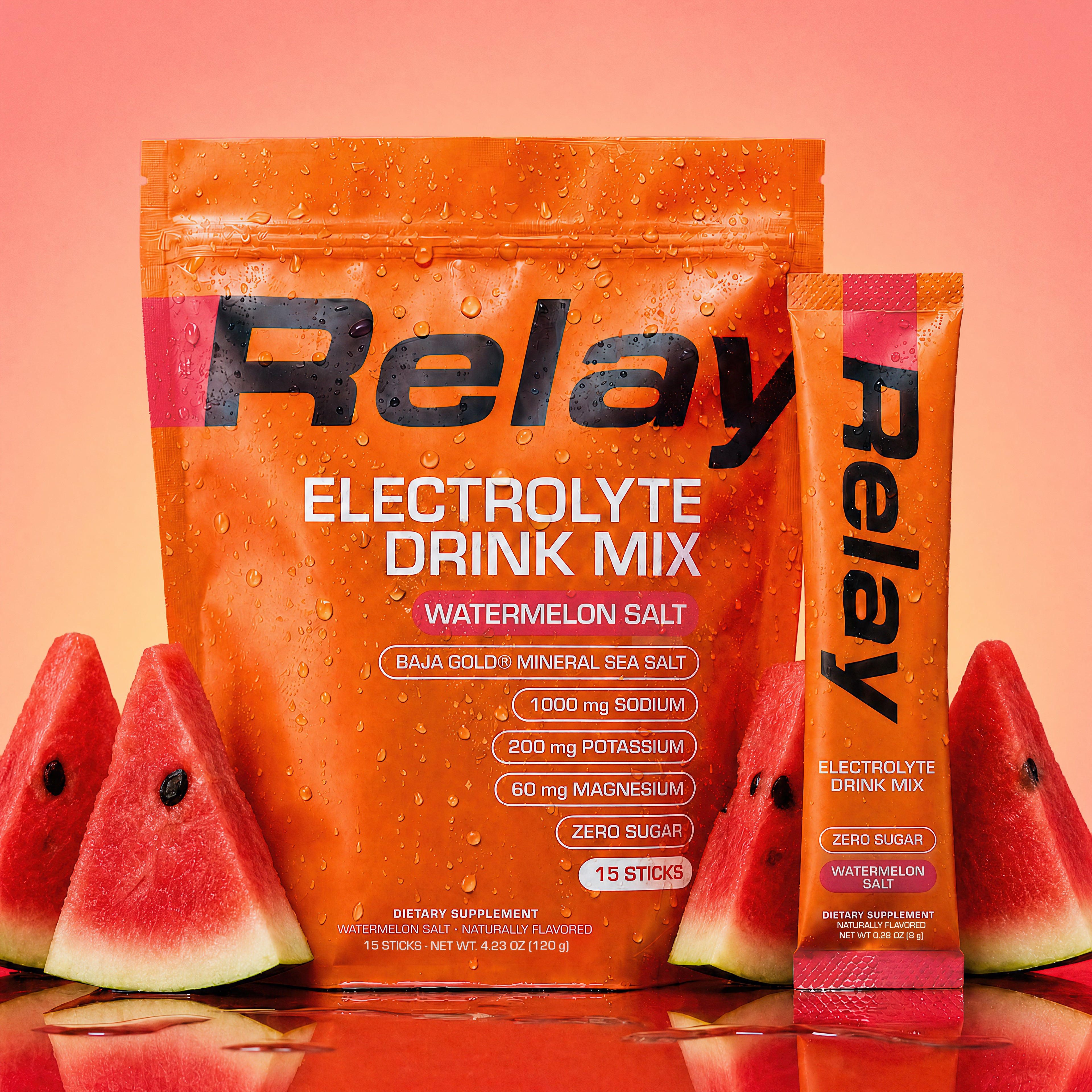 variant:49281673265389 Orange Relay Electrolyte Drink Mix package with watermelon slices on a light background